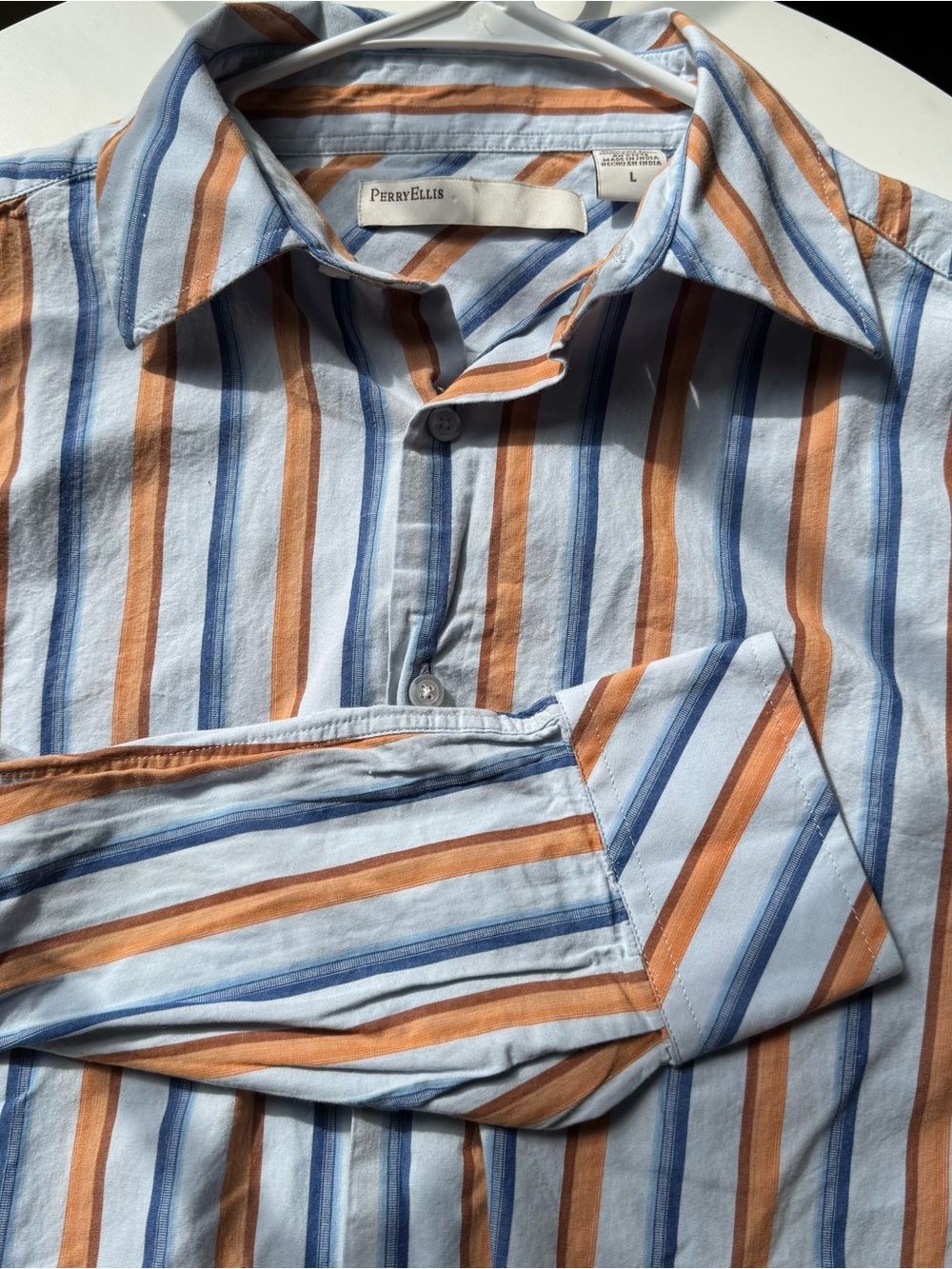 Perry Ellis Light Blue, Navy & Brown Stripe Button-Down Shirt